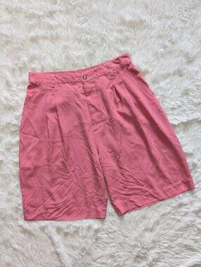 80s Vintage Go Silk 100% Silk Pink High Waist Pleated Button Fly Bermuda Shorts